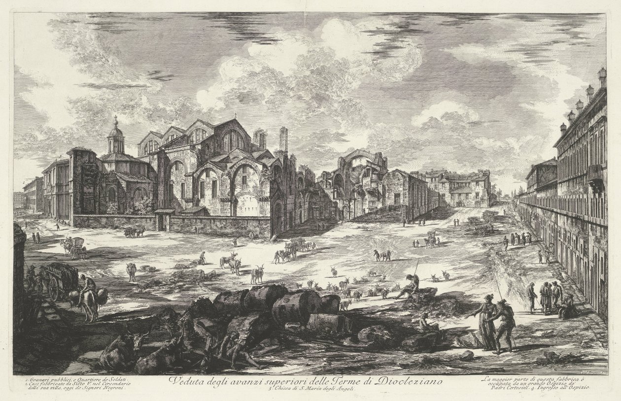 Thermen van Diocletianus te Rome Widok na górne pozostałości Łazienek Dioklaziana (tytuł na obiekcie) Gezichten op Rome (tytuł serii) Widoki Rzymu zaprojektowane i wyryte przez architekta Giambattistę Piranesiego Ve (nez) iano (tytuł serii) autorstwa Giovanni Battista Piranesi