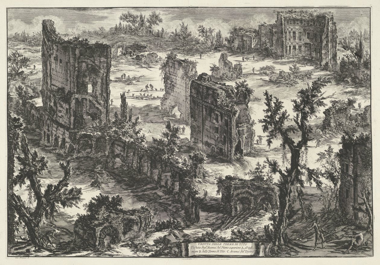 Thermen van Trajanus w Rzymie Widok na Terme di Tito (...) (tytuł na obiekcie) Gezichten op Rome (tytuł serii) Widoki Rzymu zaprojektowane i wyryte przez architekta Giambattistę Piranesiego Ve (nez) iano (tytuł serii) autorstwa Giovanni Battista Piranesi