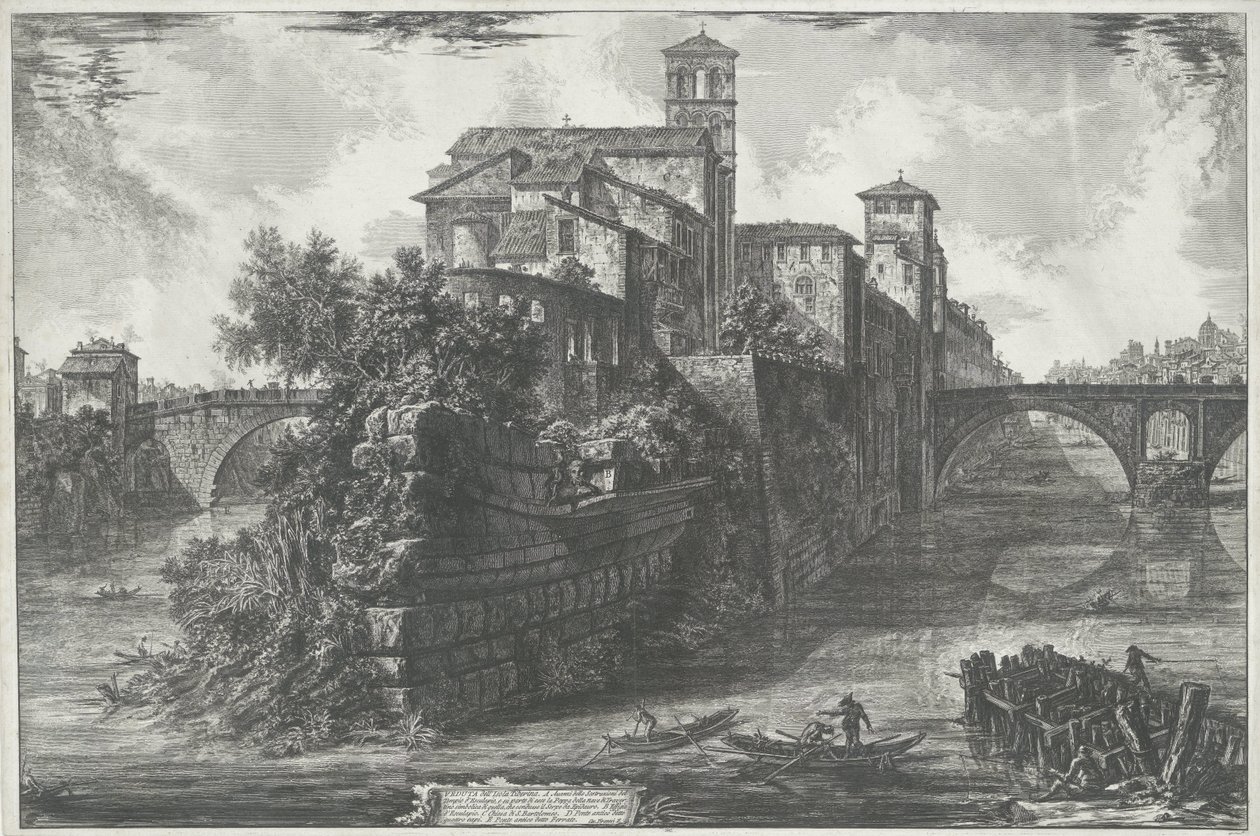 Tibereiland w Rzymie Widok Tybru (tytuł na obiekcie) Gezichten op Rome (tytuł serii) Widoki Rzymu zaprojektowane i wyryte przez architekta Giambattistę Piranesiego Ve (nez) iano (tytuł serii) autorstwa Giovanni Battista Piranesi