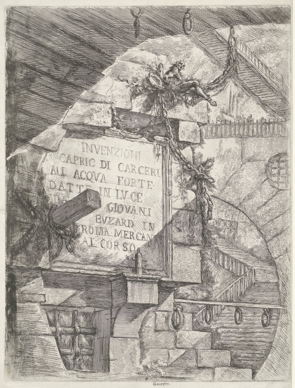 Nadruk tytułowy z twarzą w lochu i tytułem na ścianie Lochy (tytuł serii) Invenzioni Capric di Carceri all Acqua Forte (tytuł serii na obiekcie) autorstwa Giovanni Battista Piranesi