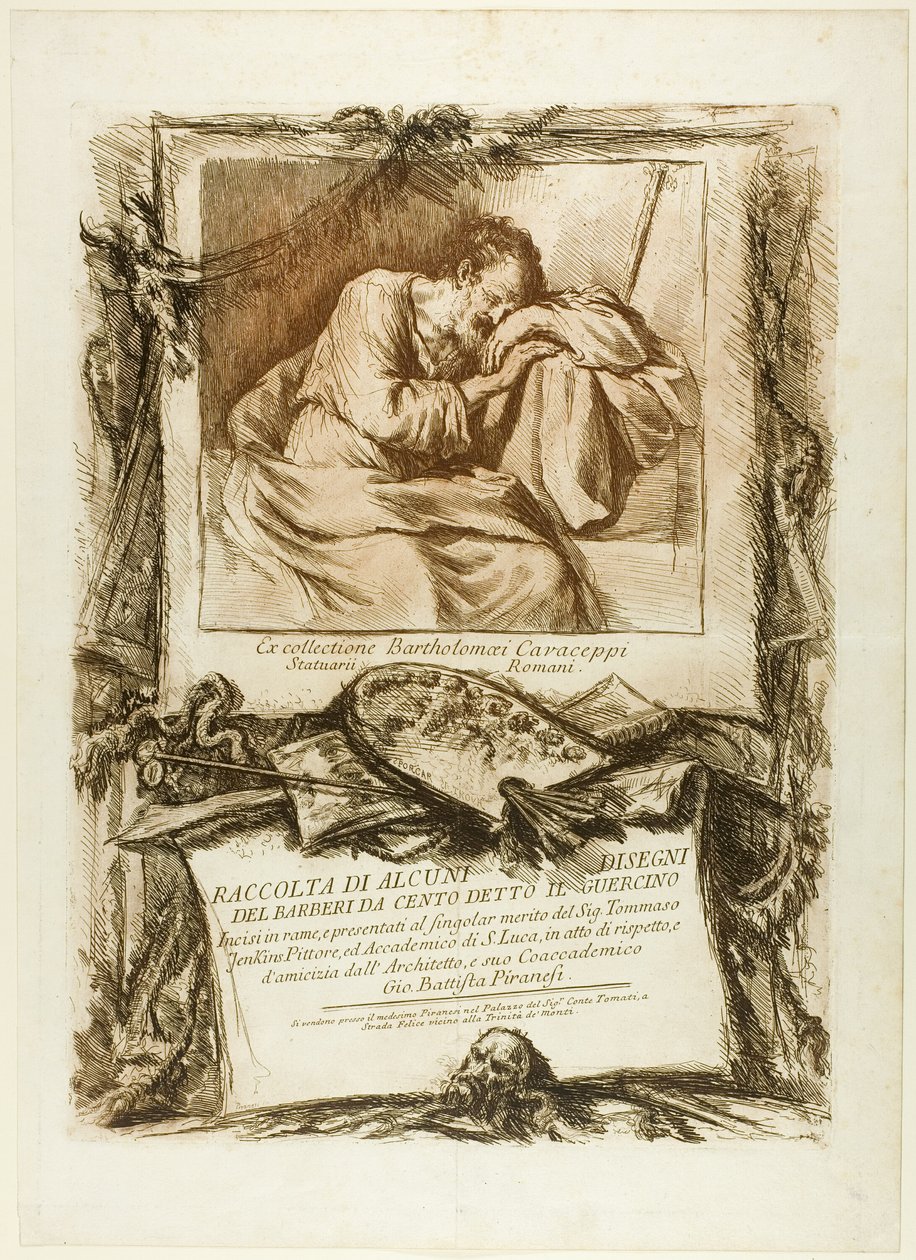Strona tytułowa: Zbiór kilku rysunków wygrawerowanych na podstawie Barbieri da Cento (znanego jako Guercino) wyrytych na miedzi i przedstawionych Thomasowi Jenkinsowi, malarzowi i członkowi Akademii św. autorstwa Giovanni Battista Piranesi