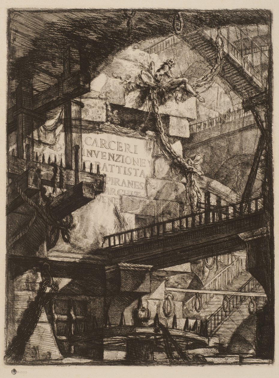 Tabliczka tytułowa, tabliczka I z wyimaginowanych więzień, ok. 1750 (akwaforta na papierze) autorstwa Giovanni Battista Piranesi