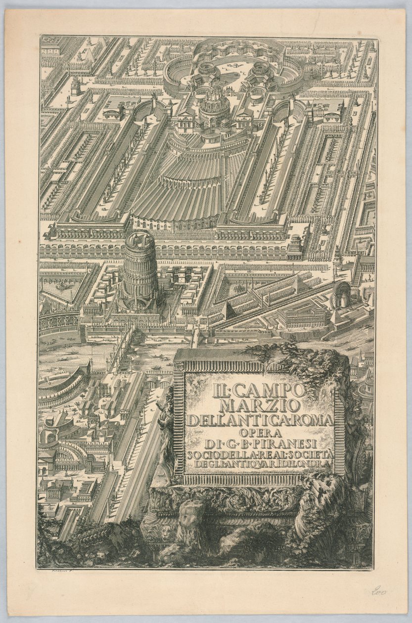 Strona tytułowa „Campo Marzio starożytnego Rzymu” z części 20 „Dzieła wszystkich Giovanniego Battisty Piranesiego” autorstwa Giovanni Battista Piranesi