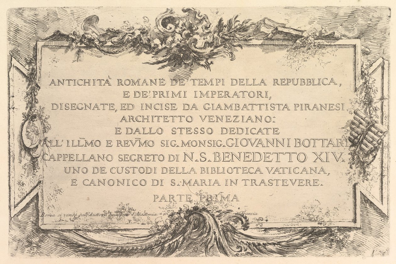 Strona tytułowa: Starożytność rzymska czasów Rzeczypospolitej i pierwszych cesarzy Antich..., ca. 1748. autorstwa Giovanni Battista Piranesi