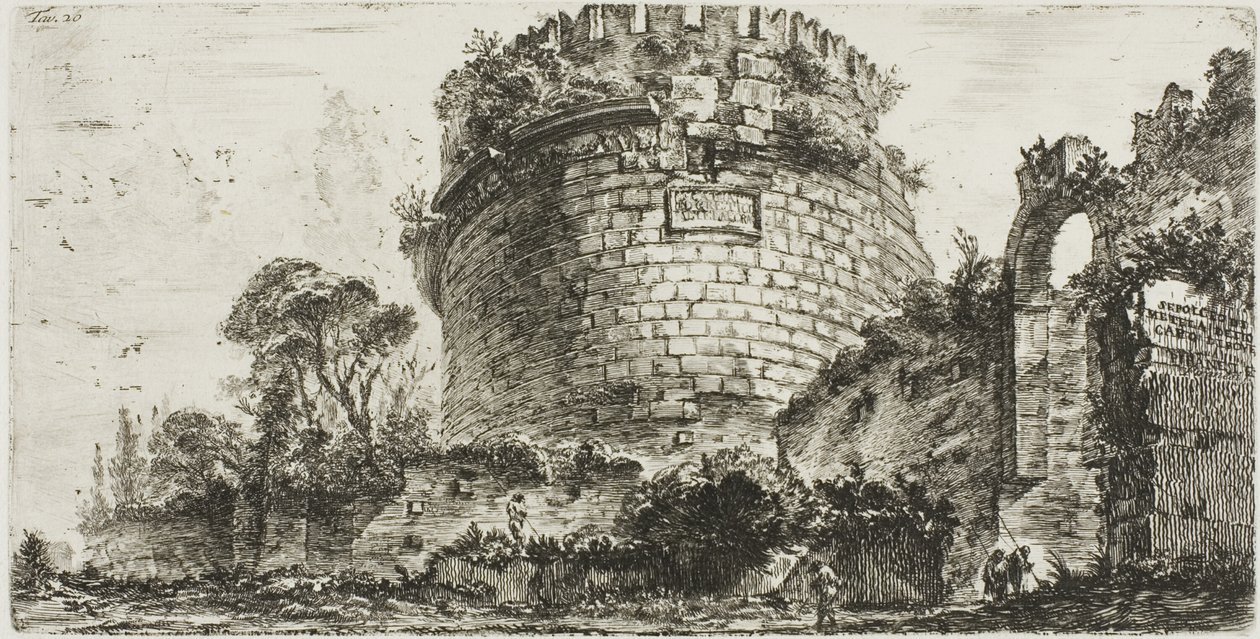 Grobowiec Caecylii Metelli zwany Capo di Bove [głowa wołu], płyta dwudziesta z niektórych widoków łuków triumfalnych i innych zabytków autorstwa Giovanni Battista Piranesi
