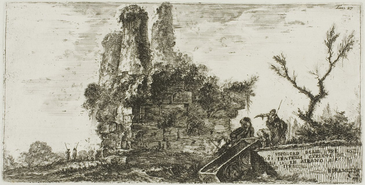 Grób trzech braci Kuriatów w Albano, tablica 27 z niektórych widoków łuków triumfalnych i inne zabytki autorstwa Giovanni Battista Piranesi