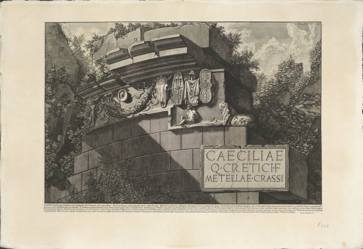 Tombe van Caecilia Metella w Rzymie Fragment istniejącej do dziś Fasady Grobu Cecylii Metelli z ozdobami (tytuł na obiekcie) Archeologische vondsten in en rond Rome (tytuł serii) Starożytności rzymskie (tytuł serii) autorstwa Giovanni Battista Piranesi