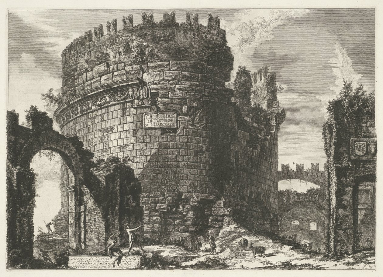 Tombe van Caecilia Metella w Rzymie Grób Cecylii Metelli (...) (tytuł na obiekcie) Gezichten op Rome (tytuł serii) Widoki Rzymu zaprojektowane i wyryte przez architekta Giambattistę Piranesiego Ve (nez) iano (tytuł serii) autorstwa Giovanni Battista Piranesi