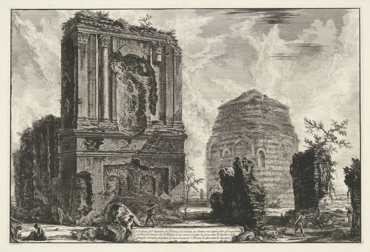 Tombes van Licinianus Piso en de Cornelius familie langs de Via Appia Gezichten op Rome (tytuł serii) Widoki Rzymu zaprojektowane i wyryte przez architekta Giambattistę Piranesiego Ve (nez) iano (tytuł serii) autorstwa Giovanni Battista Piranesi