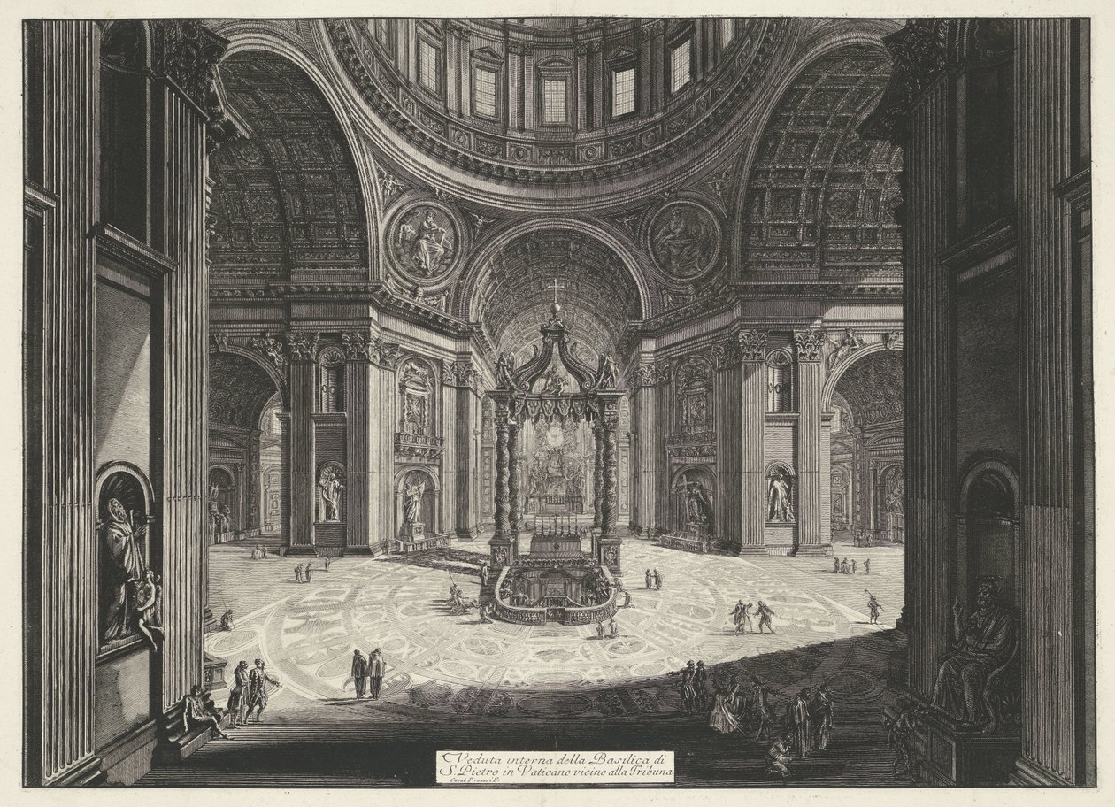 Transept van de Sint-Pietersbasiliek te Vaticaanstad Widok wnętrza Bazyliki Świętego Piotra w Watykanie w pobliżu Tribuna (tytuł na obiekcie) Gezichten op Rome (tytuł serii) Widoki Rzymu zaprojektowane i wyryte przez architekta Giambattistę Piranesiego Ve  autorstwa Giovanni Battista Piranesi
