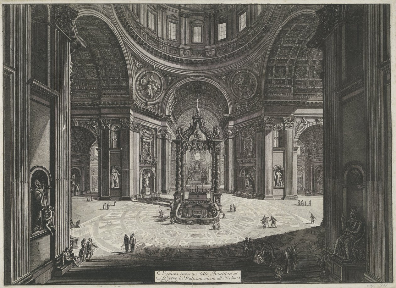 Transept van de Sint-Pietersbasiliek te Vaticaanstad Widok wnętrza Bazyliki Świętego Piotra w Watykanie w pobliżu Tribuna (tytuł na obiekcie) Gezichten op Rome (tytuł serii) Widoki Rzymu zaprojektowane i wyryte przez architekta Giambattistę Piranesiego Ve  autorstwa Giovanni Battista Piranesi