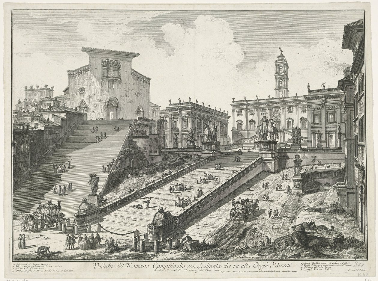 Trappen naar Piazza del Campidoglio en de Santa Maria in Aracoeli te Rome Widok na rzymskie Campidoglio ze schodami prowadzącymi do kościoła Araceli (tytuł na obiekcie) Gezichten op Rome (tytuł serii) Widoki Rzymu zaprojektowane i wyryte przez Giambattistę autorstwa Giovanni Battista Piranesi