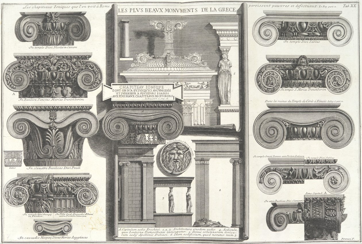 Różne rzymskie stolice jońskie w porównaniu z przykładami greckimi..., połowa XVIII wieku. autorstwa Giovanni Battista Piranesi