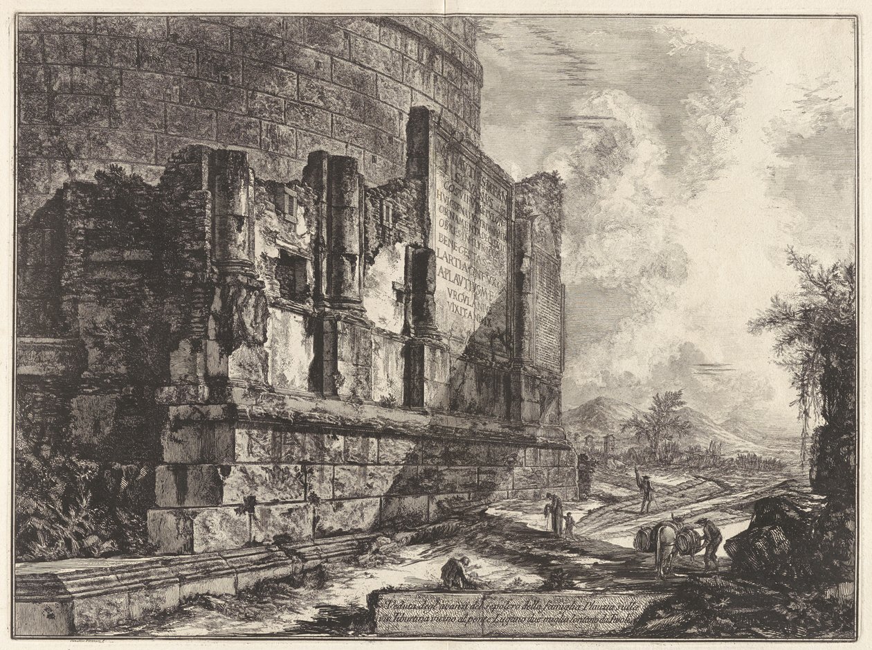 Widok pozostałości grobowca rodziny Plautiów przy Via Tiburtina, w pobliżu Ponte Lugano, dwie mile od Tivoli, z Vedute di autorstwa Giovanni Battista Piranesi