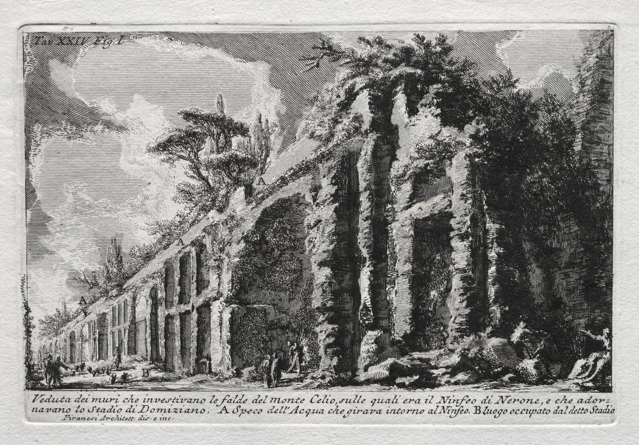 Widok na mury pokrywające zbocza góry Celio autorstwa Giovanni Battista Piranesi