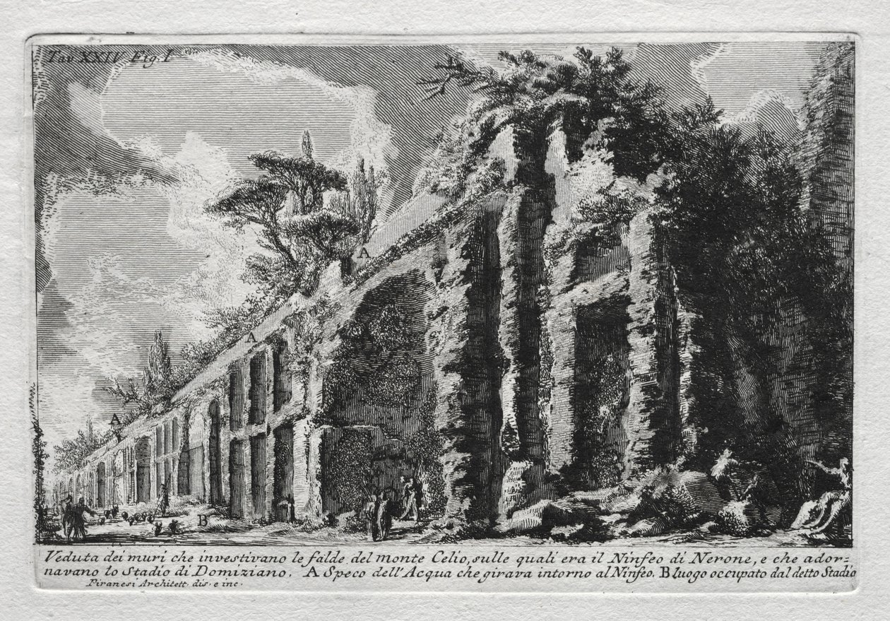 Widok na mury pokrywające zbocza góry Celio. autorstwa Giovanni Battista Piranesi