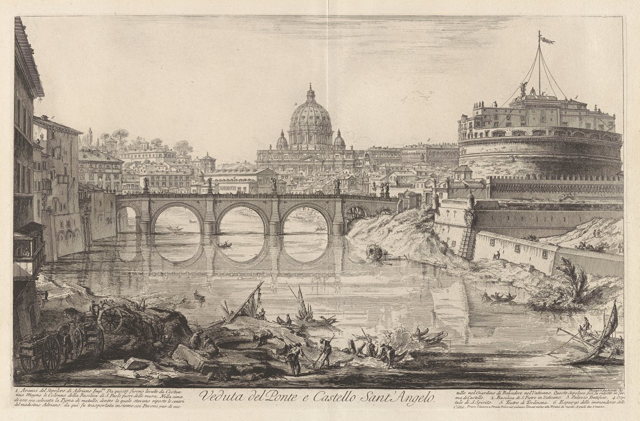 Widok na most i Zamek Świętego Anioła, z cyklu Widoki Rzymu autorstwa Giovanni Battista Piranesi