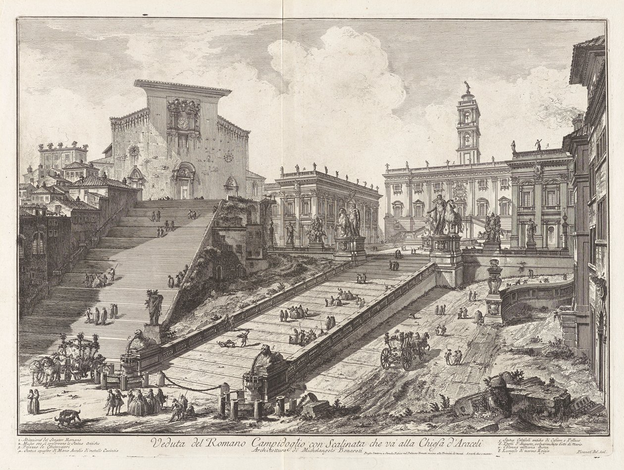 Widok na rzymskie Campidoglio ze schodami, które prowadzą autorstwa Giovanni Battista Piranesi