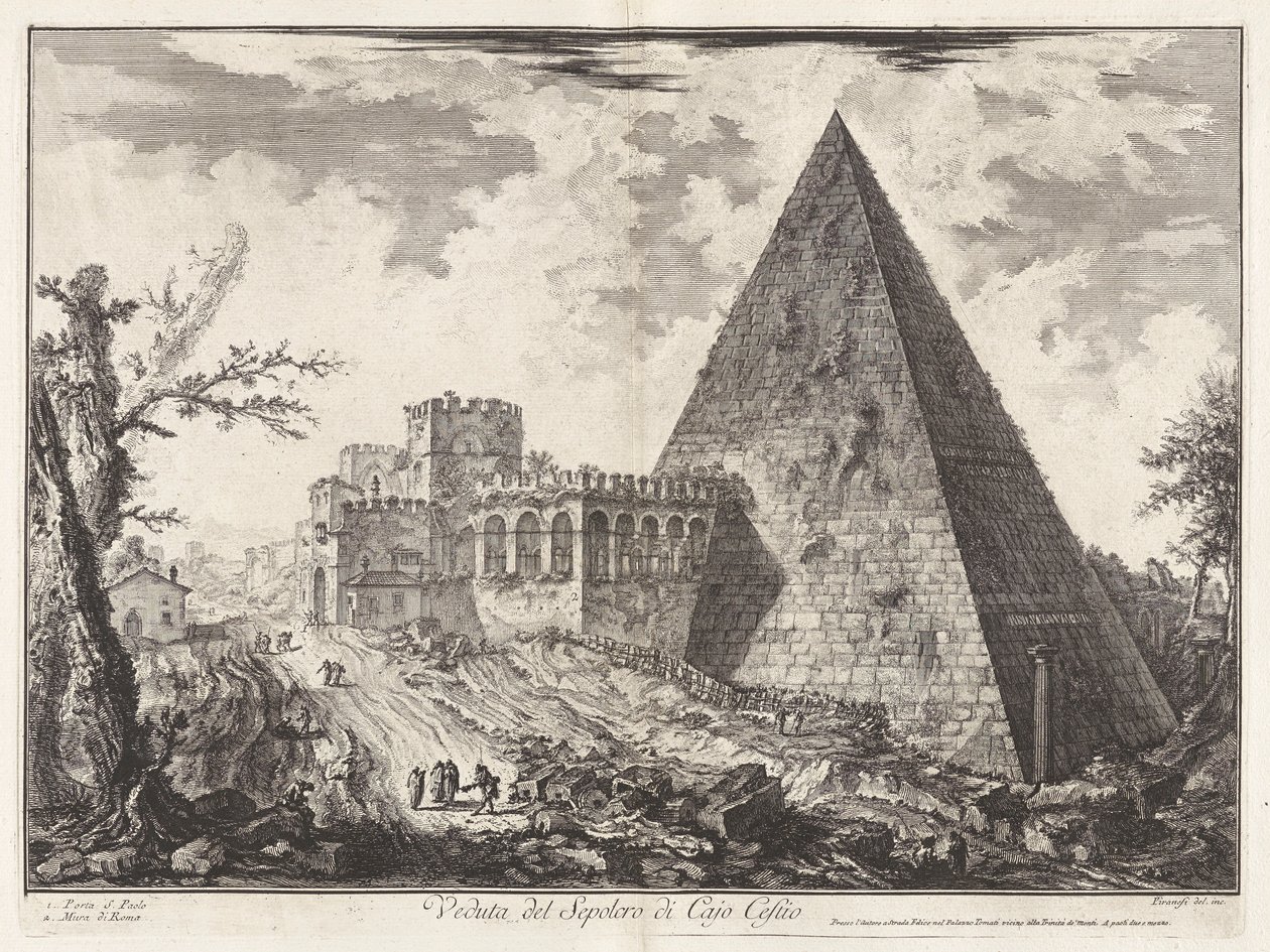 Veduta del Sepolcro di Cajo Cestio (Widok piramidalnego grobowca Caiusa Cestiusza [z Porta S. Paolo po lewej]), z Vedute di Roma (Widoki Rzymu) autorstwa Giovanni Battista Piranesi