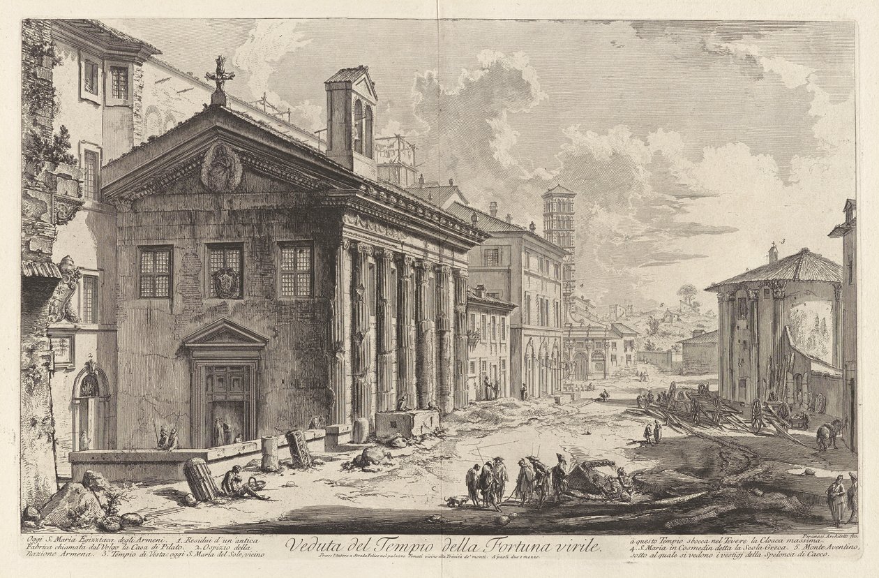 Widok Świątyni Męskiej Fortuny. Dzisiaj S. Maria Egizziaca degli Armeni (Widok świątyni Fortuna Virilis. Obecnie ormiański kościół Santa Maria Egizziaca [obecnie uważany za świątynię Portunusa]), z Vedute di Roma (Widoki Rzymu) autorstwa Giovanni Battista Piranesi