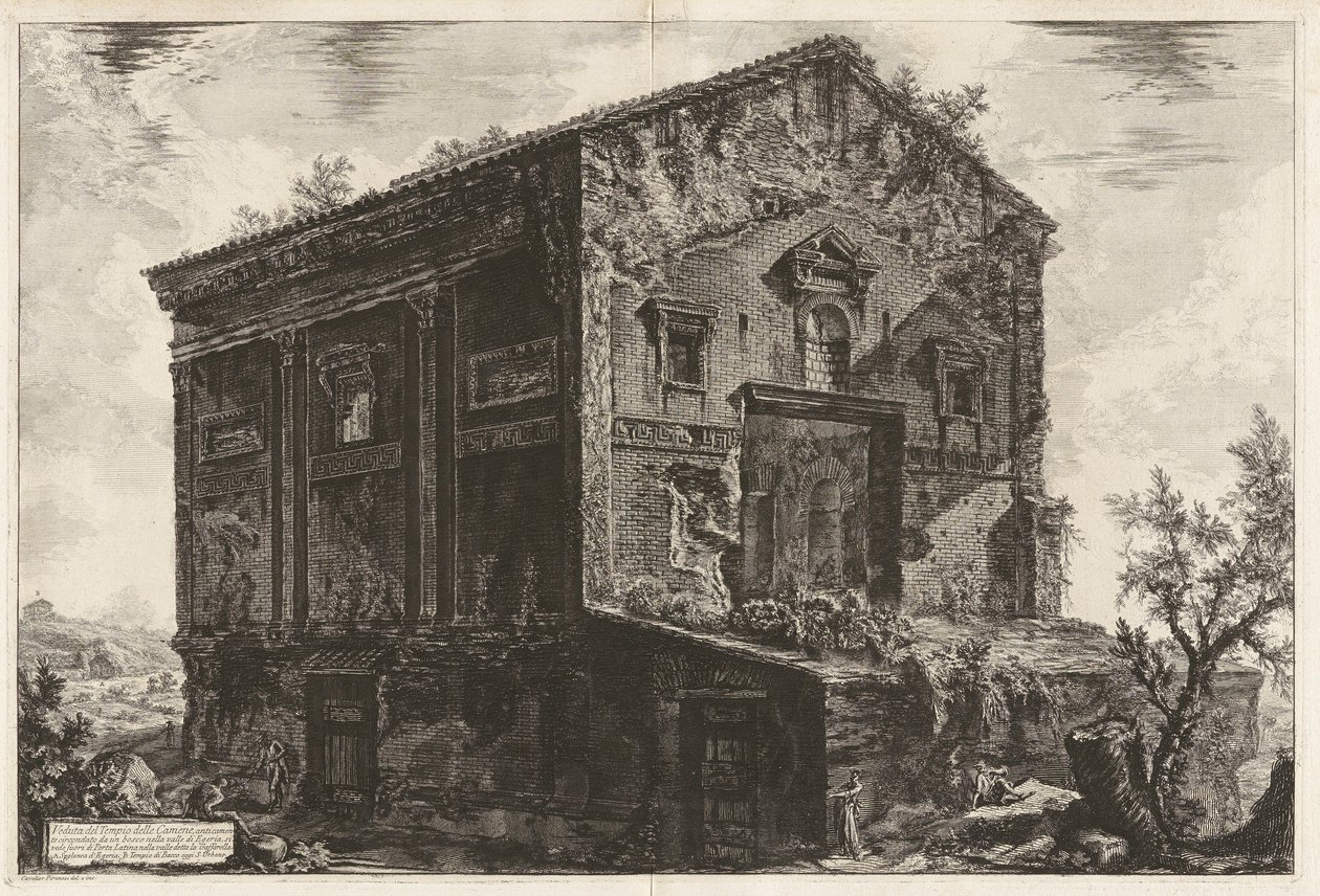 Widok na świątynię Camene w czasach starożytnych otoczoną lasem w dolinie Egerii autorstwa Giovanni Battista Piranesi