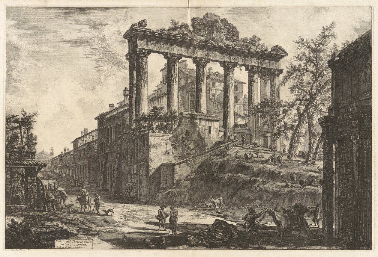 Veduta del Tempio detto della Concordia (Widok tzw. Świątyni Zgody [Świątynia Saturna z Łukiem Septymiusza Sewera na prawym pierwszym planie]), z Vedute di Roma (Widoki Rzymu) autorstwa Giovanni Battista Piranesi