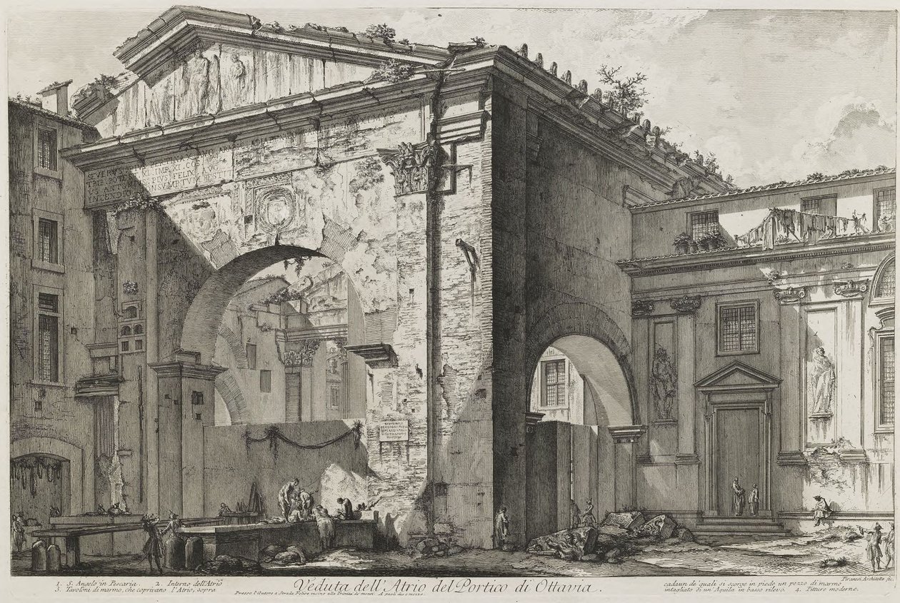 Widok na atrium Portiku Ottavii (Portik Ottavii: portyk wejściowy, widok z zewnątrz) autorstwa Giovanni Battista Piranesi