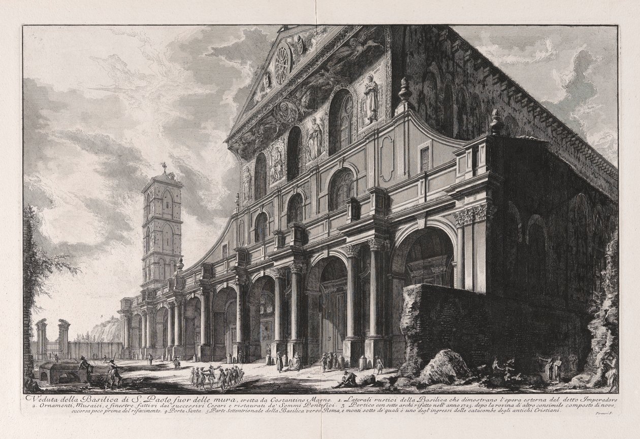 Widok na bazylikę San Paolo fuori delle Mura, zbudowaną przez Konstantyna Wielkiego, z Vedute di Roma (Widoki Rzymu) autorstwa Giovanni Battista Piranesi