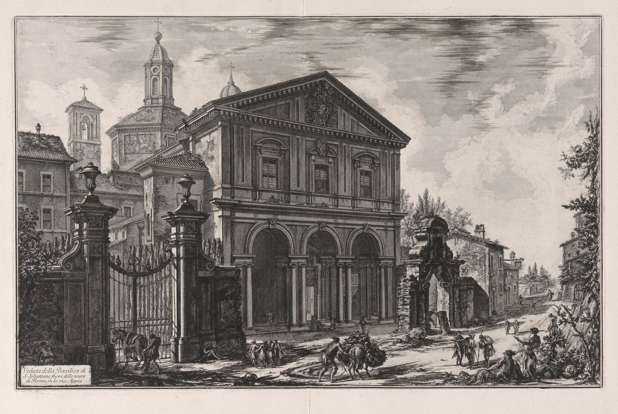 Widok bazyliki San Sebastiano fuori delle Mura w Rzymie, na Drodze Appijskiej), z Vedute di Roma (Widoki Rzymu) autorstwa Giovanni Battista Piranesi