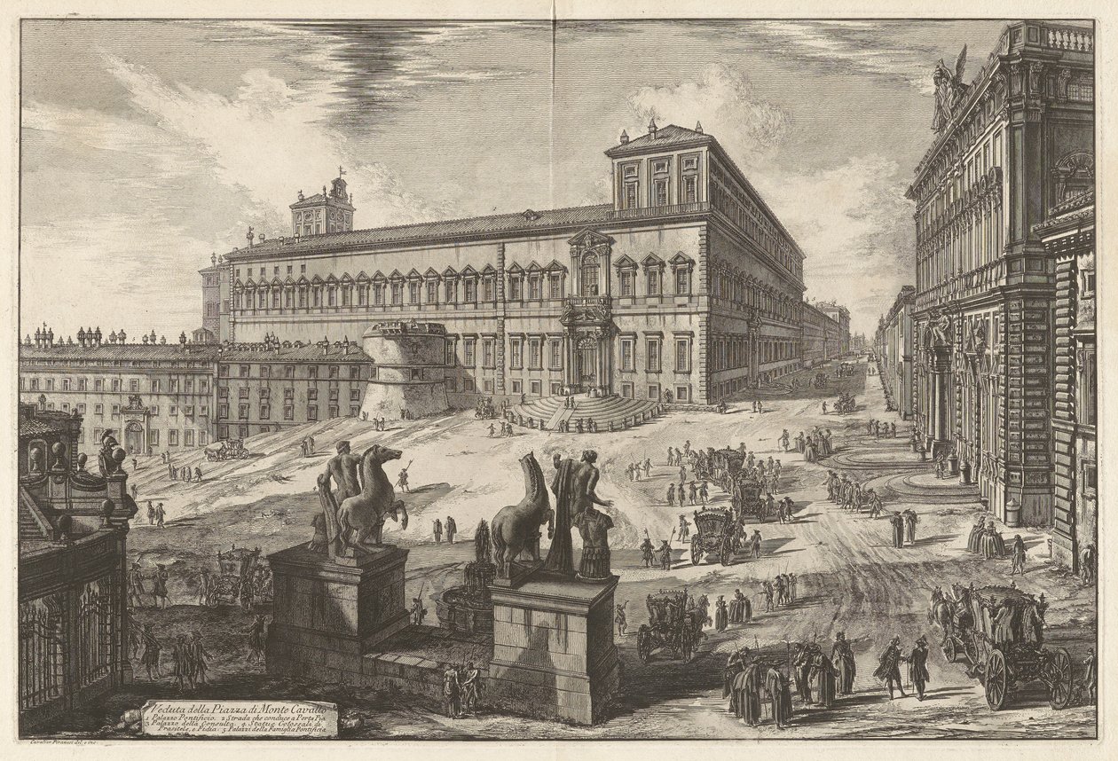 Widok na Piazza di Monte Cavallo (Widok na Piazza di Monte Cavallo [Piazza del Quirinale z Pałacem Kwirynalskim w centrum]), z Vedute di Roma (Widoki na Rzym) autorstwa Giovanni Battista Piranesi