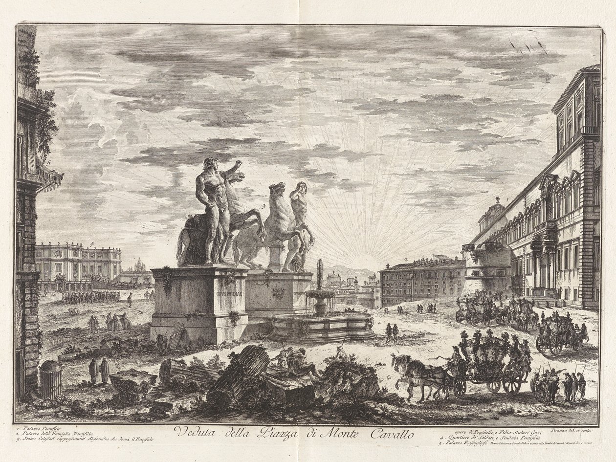 Widok na Piazza di Monte Cavallo (Widok na Piazza di Monte Cavallo [obecnie Piazza del Quirinale z Pałacem Kwirynalskim]), z Vedute di Roma (Widoki na Rzym) autorstwa Giovanni Battista Piranesi
