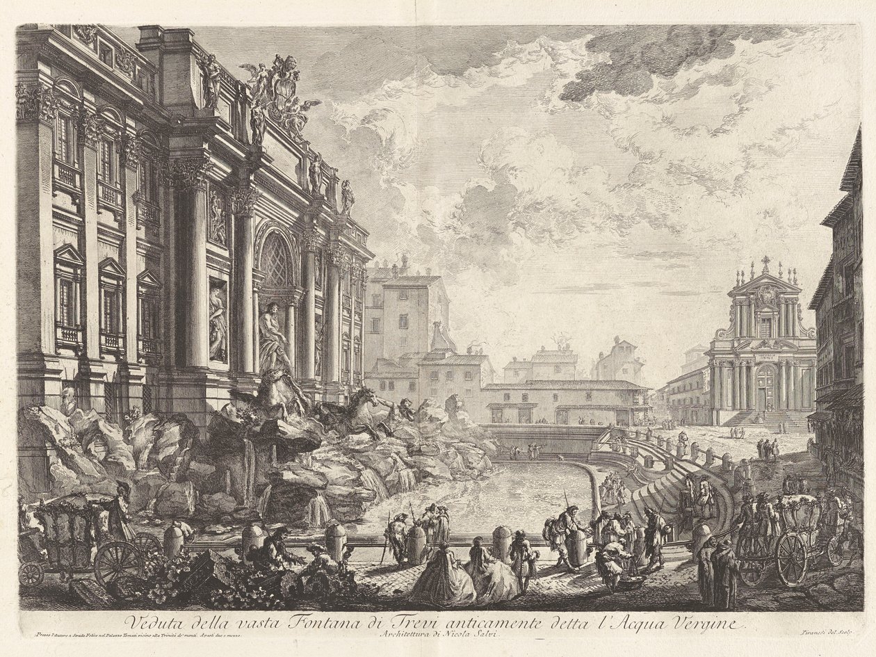 Widok na ogromną Fontannę di Trevi, dawniej znaną jako l autorstwa Giovanni Battista Piranesi