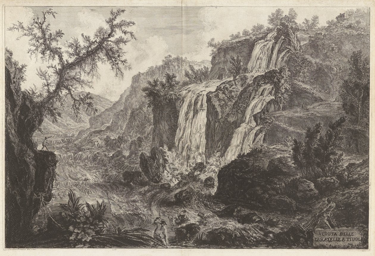 Widok małych wodospadów w Tivoli, z Vedute di Roma autorstwa Giovanni Battista Piranesi