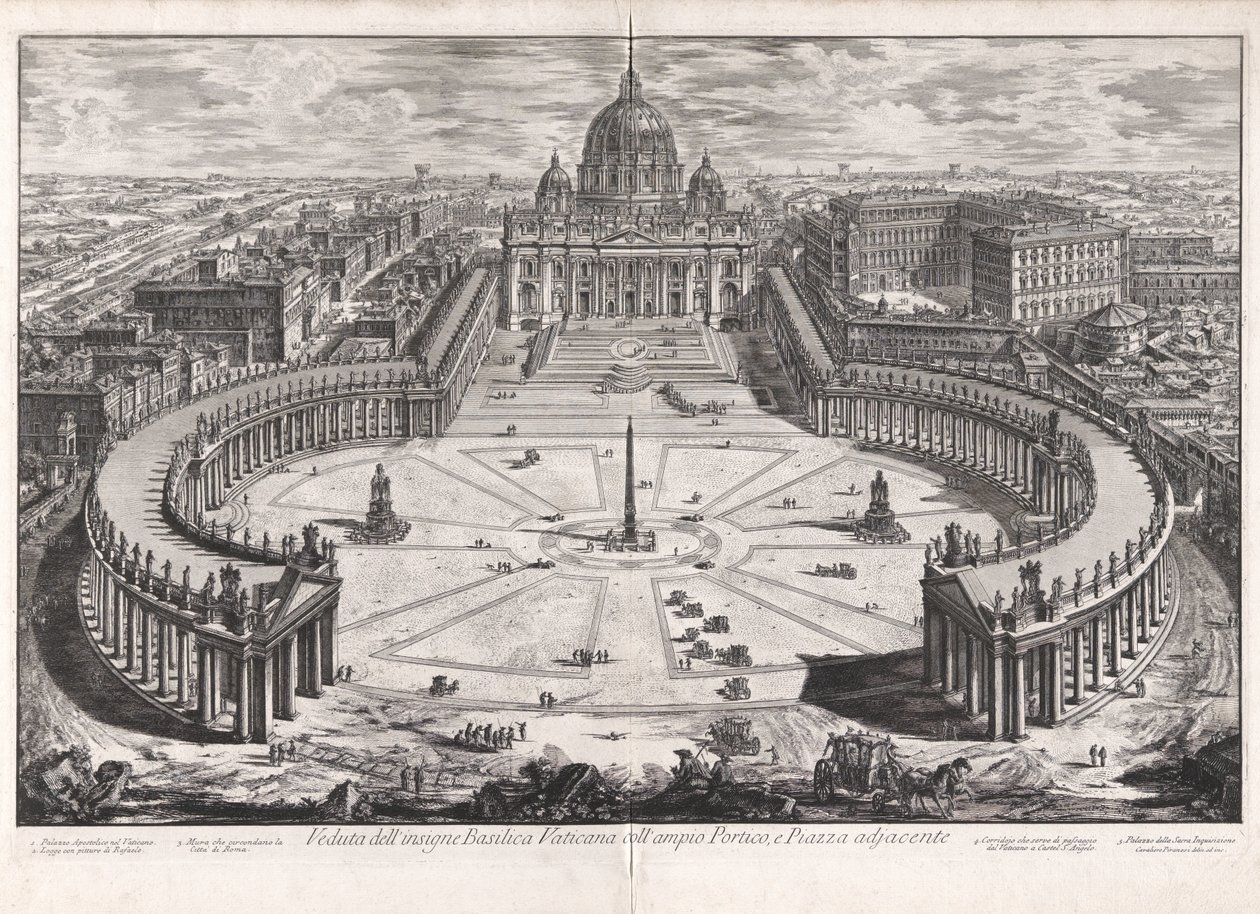 Widok słynnej bazyliki watykańskiej z obszernym portykiem i przylegającym placem, z Vedute di Roma (Widoki Rzymu) autorstwa Giovanni Battista Piranesi
