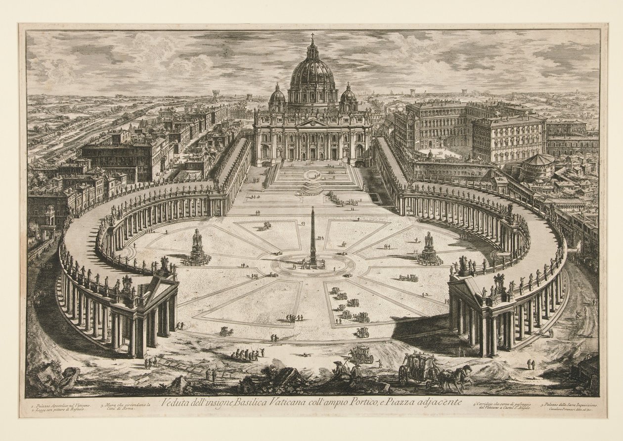 Widok słynnej bazyliki watykańskiej z rozległym portykiem i przyległym placem, z Vedute di Roma autorstwa Giovanni Battista Piranesi
