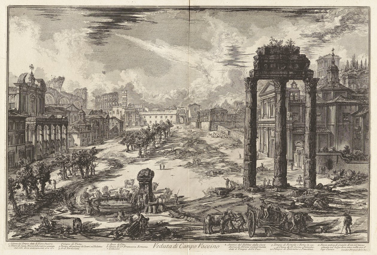 Veduta di Campo Vaccino (Widok na Campo Vaccino [Forum Rzymskie ze Świątynią Kastora i Polluksa po prawej]), z Vedute di Roma (Widoki na Rzym) autorstwa Giovanni Battista Piranesi