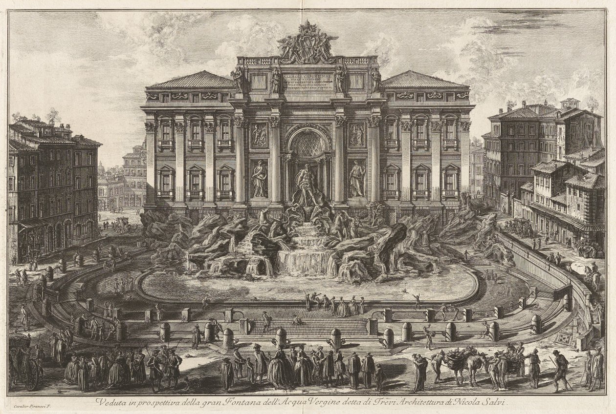 Perspektywiczny widok wielkiej fontanny Acqua Vergine, zwanej Fontanną di Trevi, architektura Nicola Salvi, z Vedute di Roma autorstwa Giovanni Battista Piranesi