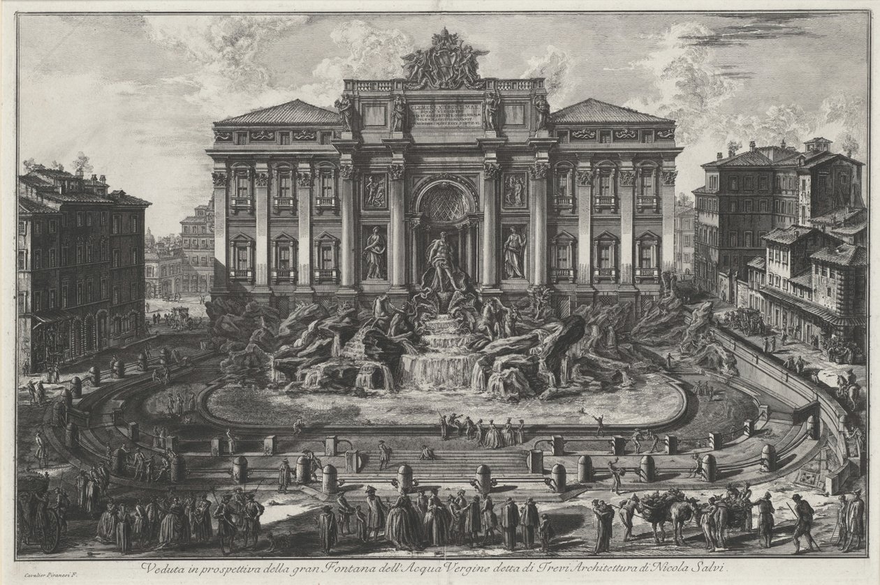 Perspektywiczny widok wielkiej fontanny Acqua Vergine, zwanej Trevi, architektura Nicola Salvi autorstwa Giovanni Battista Piranesi