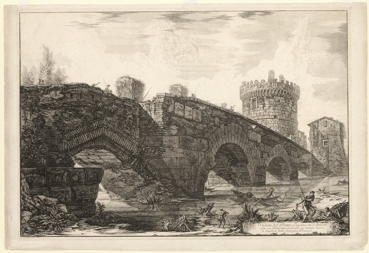 Widok na Ponte Lugano na Anio, z Widoków Rzymu autorstwa Giovanni Battista Piranesi