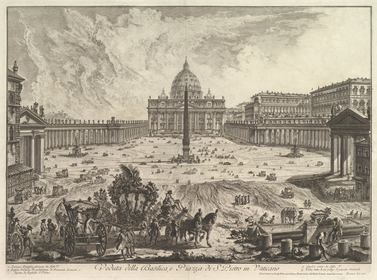 Widok na Bazylikę św. Piotra i Piazza w Watykanie, z Vedute di Roma Roman Vie ..., ca. 1748. autorstwa Giovanni Battista Piranesi
