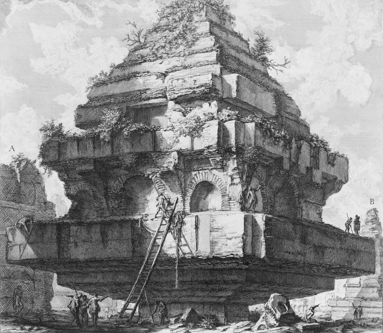 Widok dużej konstrukcji, pozostałości Grobu Metellich na Drodze Appijskiej..., 1756-57. autorstwa Giovanni Battista Piranesi
