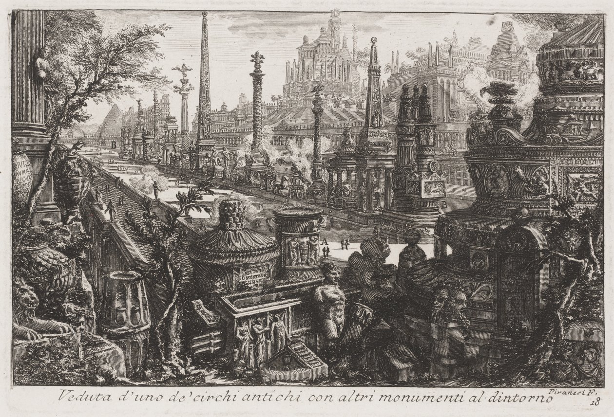 Widok starego cyrku z innymi zabytkami w środku, ok. 1760 (akwaforta) autorstwa Giovanni Battista Piranesi