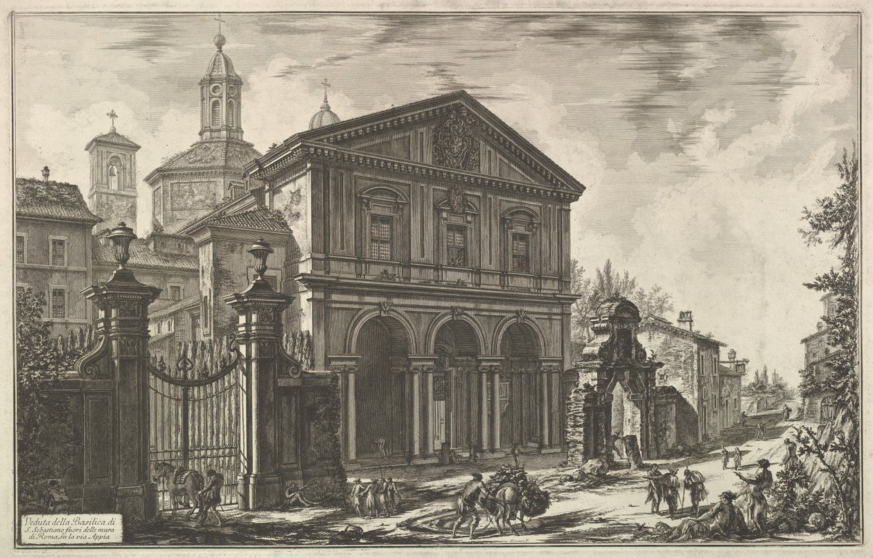 Widok bazyliki San Sebastiano fuori delle mura [św. Sebastian za murami] przy Drodze Appijskiej, z Vedute di Roma (Widoki Rzymu) autorstwa Giovanni Battista Piranesi