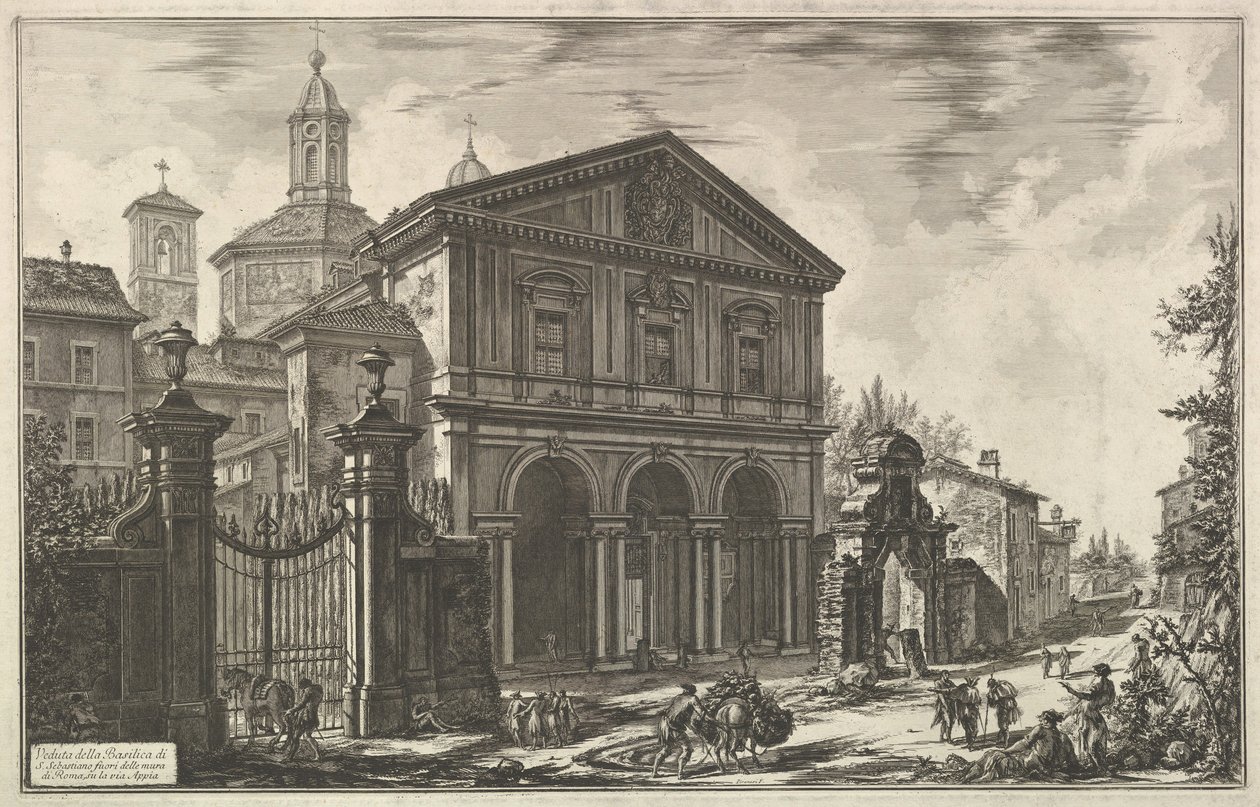 Widok Bazyliki San Sebastiano za murami [św. Sebastian za Murem…, ok. godz. 1750. autorstwa Giovanni Battista Piranesi