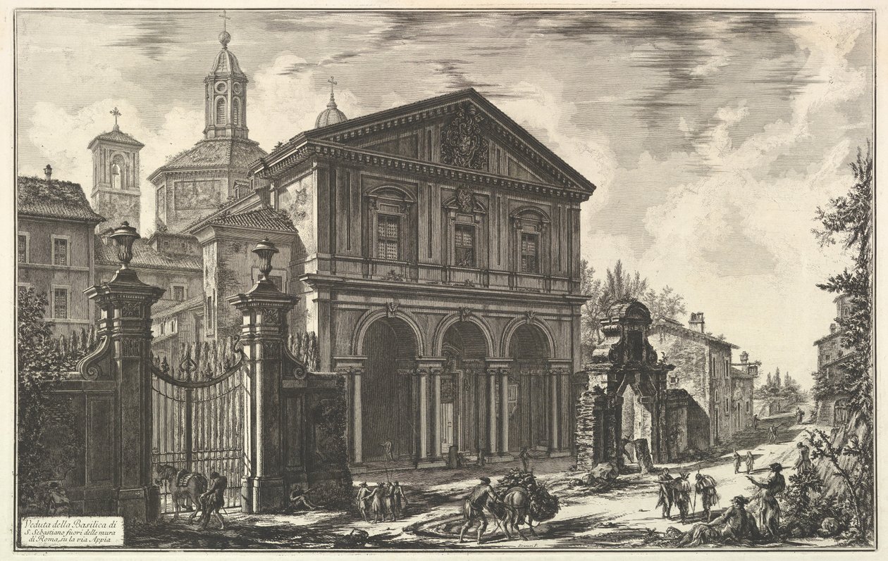 Widok bazyliki San Sebastiano fuori delle mura [Święty Sebastian za murami] przy Via Appia, z Vedute di Roma (Widoki Rzymu) autorstwa Giovanni Battista Piranesi