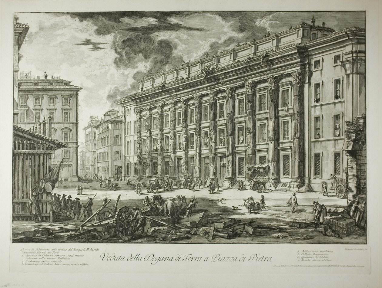 Widok Izby Celnej na Piazza di Pietra, która została zbudowana w ruinach świątyni Marka Aureliusza Antoninusa Piusa na jego Forum, z Widoki Rzymu autorstwa Giovanni Battista Piranesi