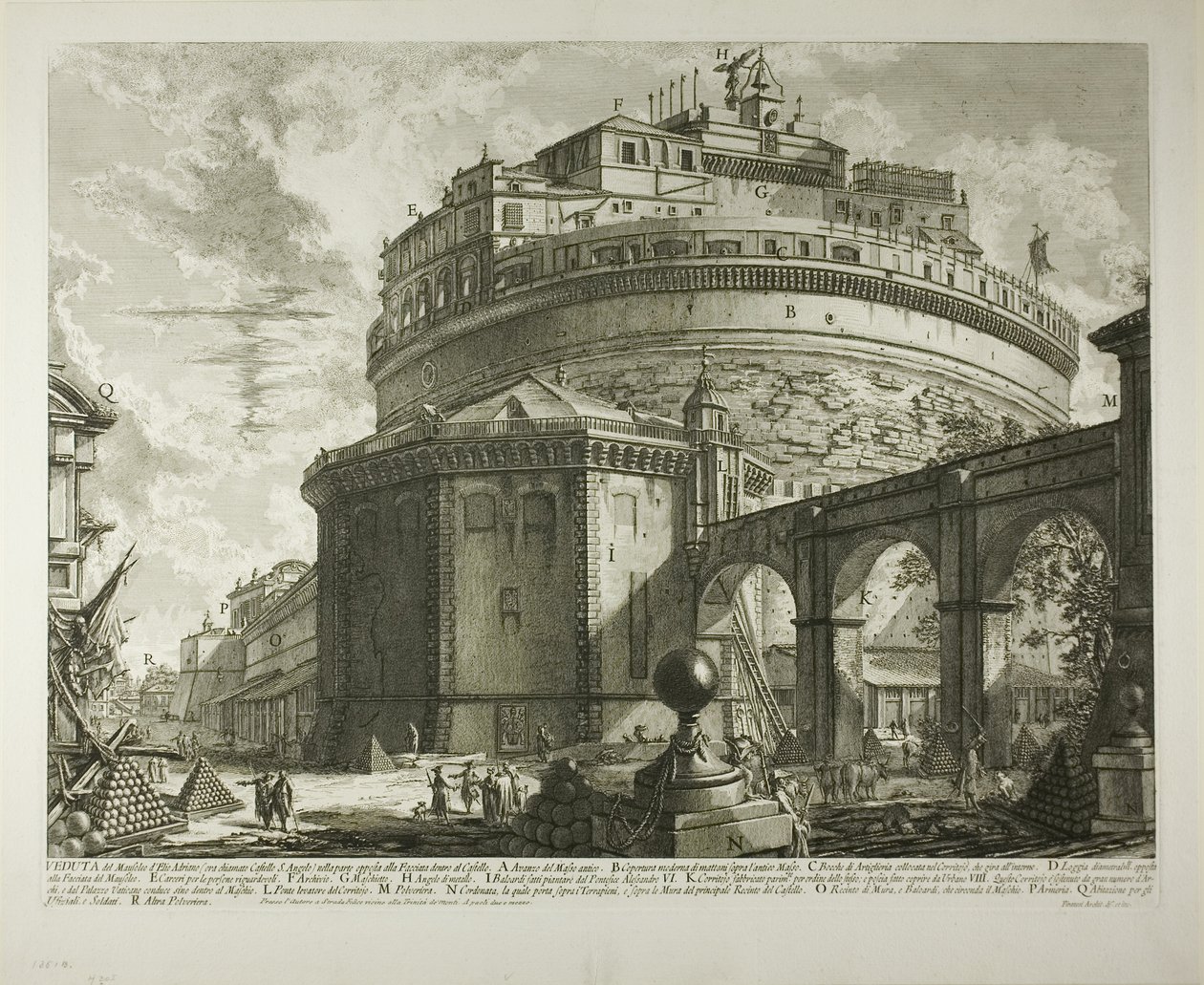 Widok na Mauzoleum cesarza Hadriana (obecnie Zamek Świętego Anioła) od tyłu, z Vedute di Roma (Widoki Rzymu) autorstwa Giovanni Battista Piranesi