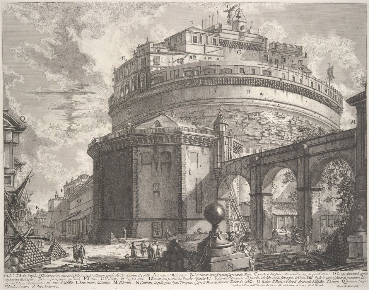 Widok na Mauzoleum cesarza Hadriana zwanego obecnie Castel S. Angelo..., ok. godz. 1756. autorstwa Giovanni Battista Piranesi