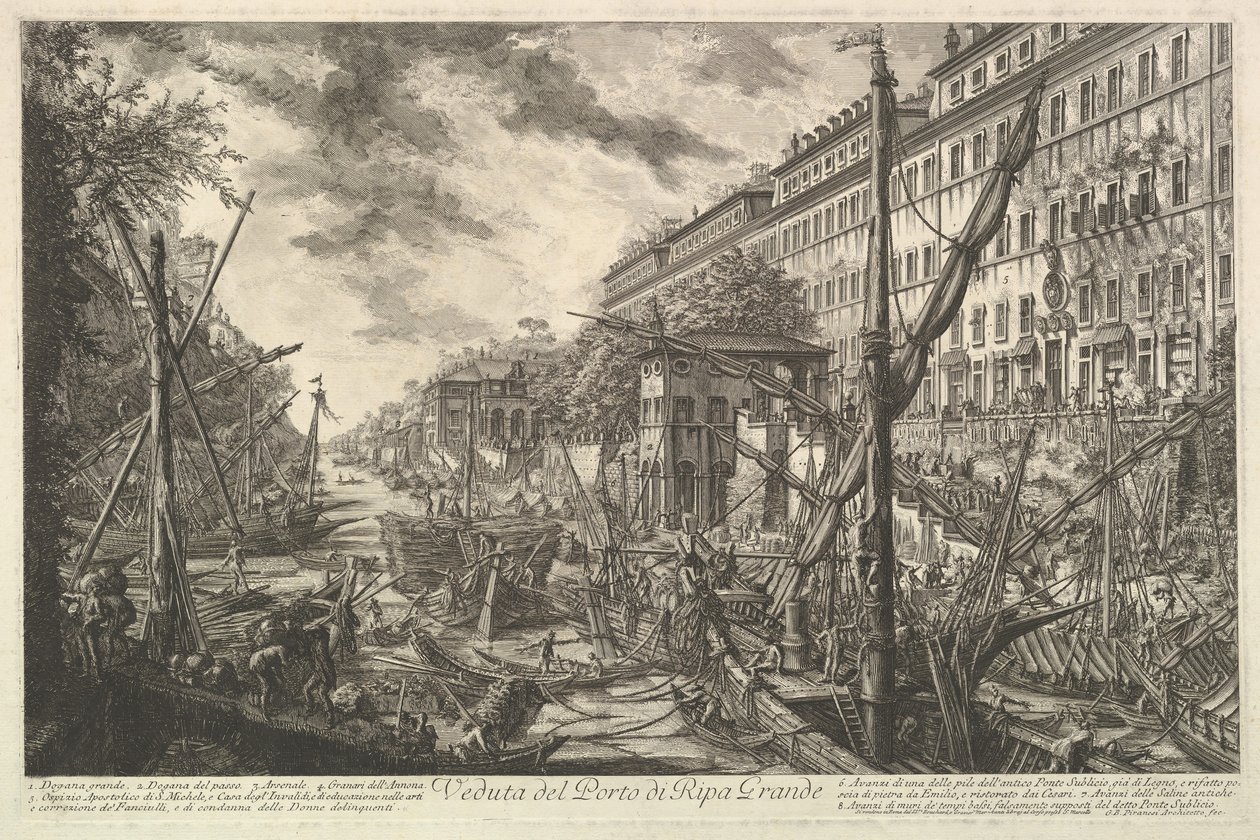 Widok na port Ripa Grande, z Vedute di Roma Roman Views, ca. 1753. autorstwa Giovanni Battista Piranesi
