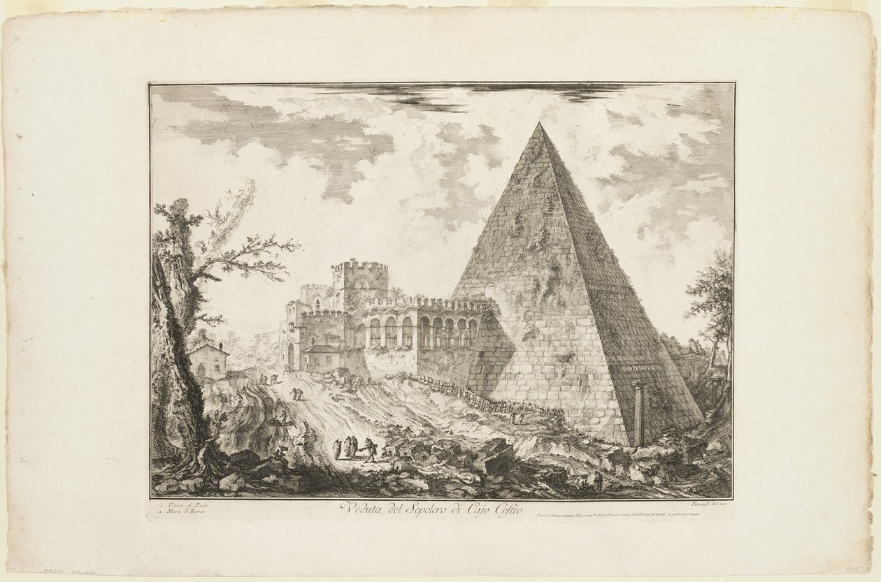 Widok na piramidalny grobowiec Cestiusza, z widoków Rzymu autorstwa Giovanni Battista Piranesi